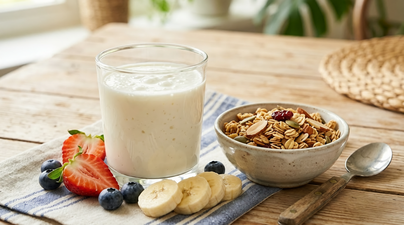 Cómo comer kéfir: vaso de kéfir con frutas y granola