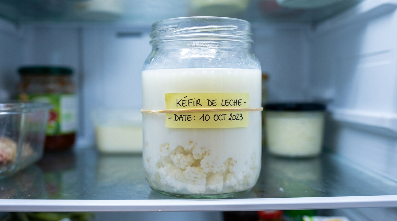 Cómo conservar el kéfir: tarro de vidrio con nódulos de kéfir de leche en nevera