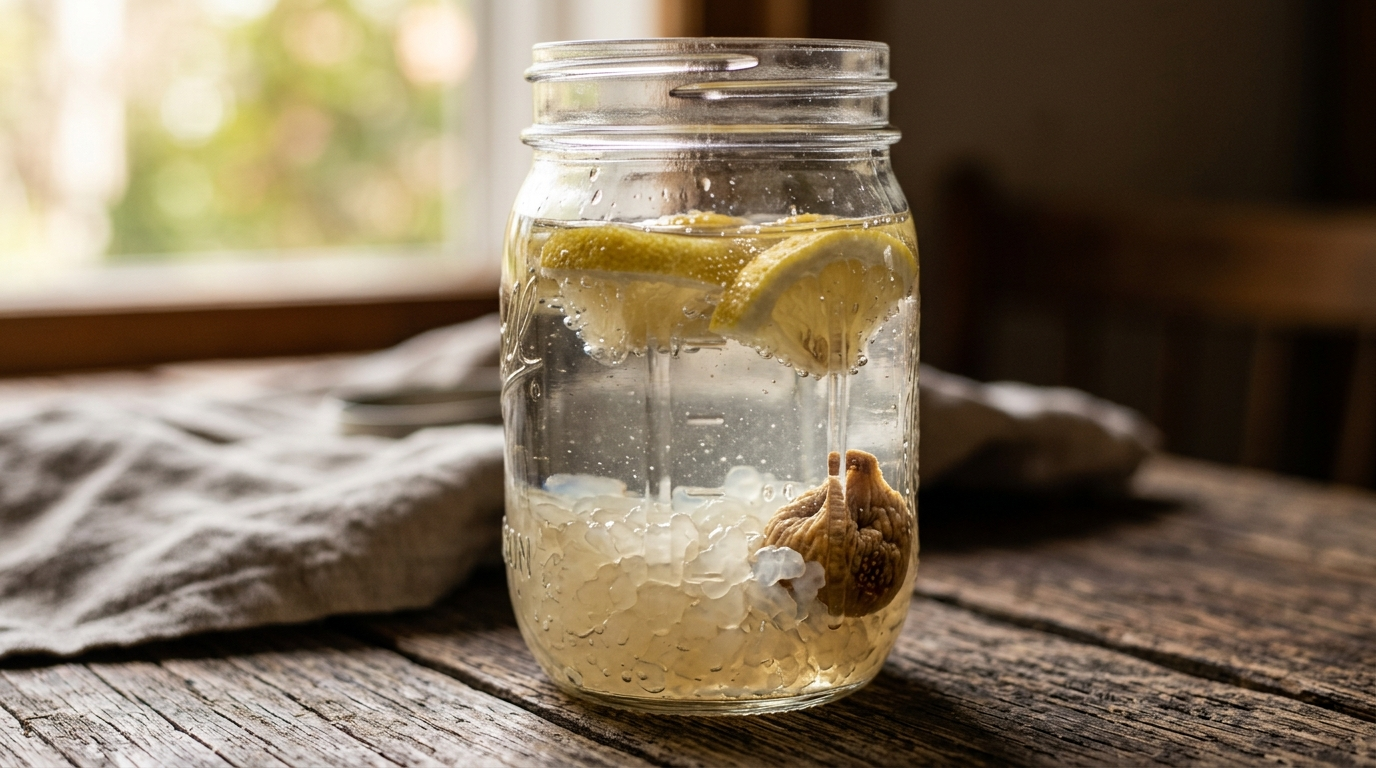 Granos de kéfir de agua en tarro de vidrio con agua y limón