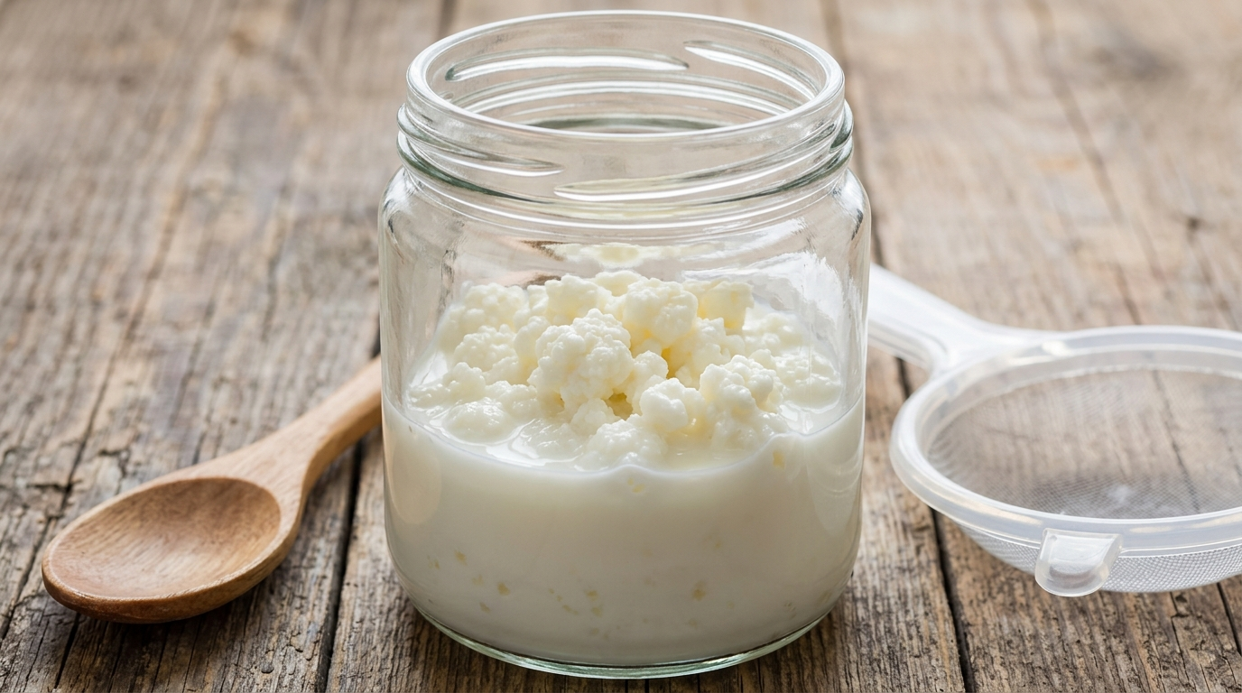 Cuidar kéfir de leche: nódulos blancos en tarro de vidrio con leche