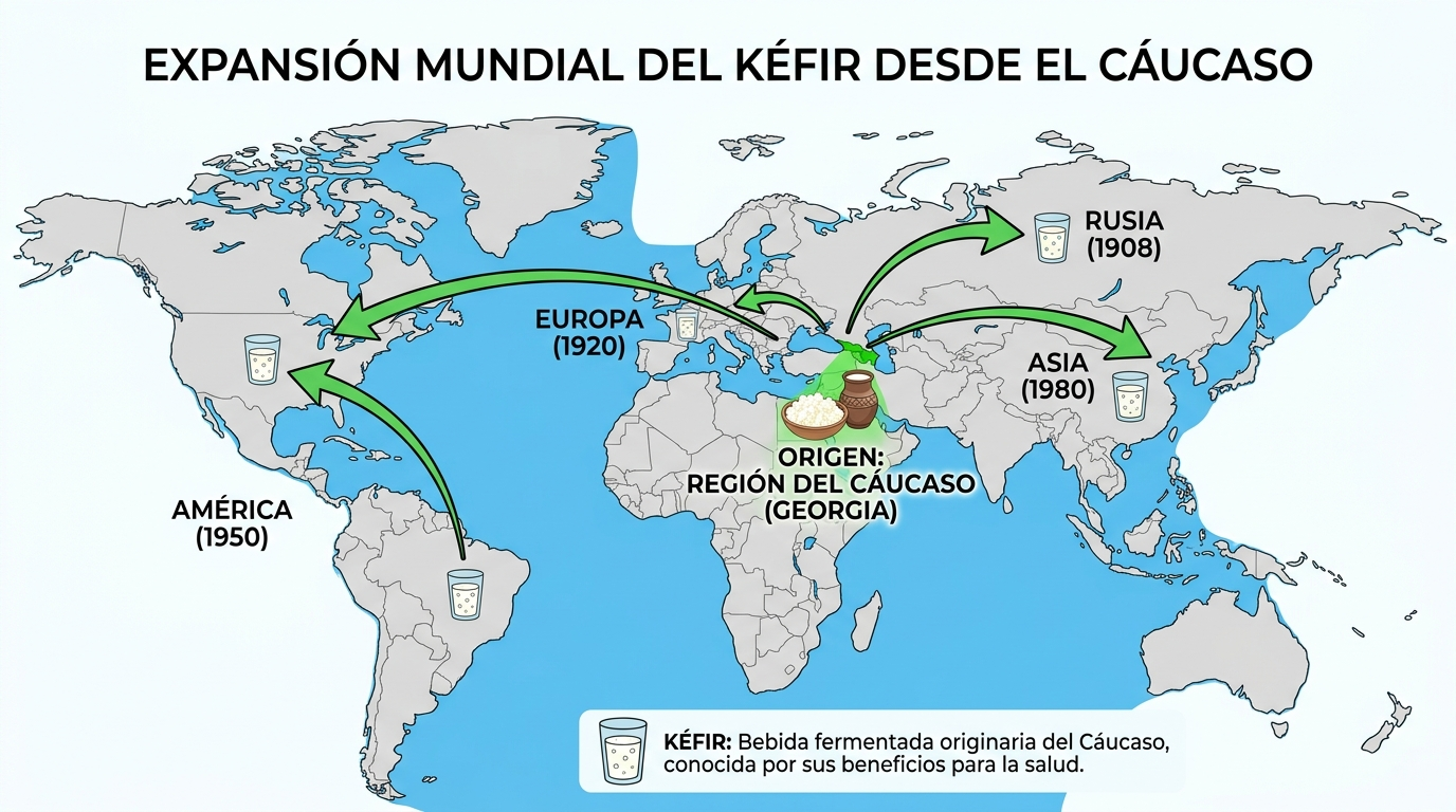 Mapa de expansión mundial del kéfir: origen en el Cáucaso, expansión a Rusia (1908), Europa (1920), América (1950) y Asia (1980)