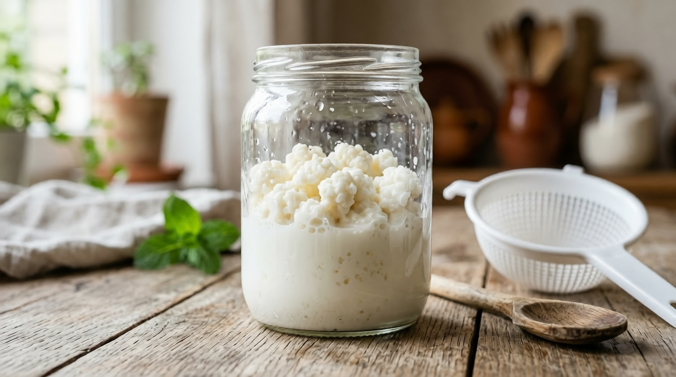 Cómo hacer kéfir en casa: tarro de vidrio con nódulos de kéfir y leche