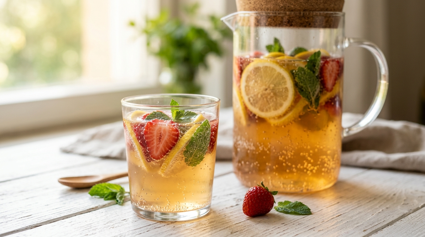 Beneficios del kéfir de agua: vaso con frutas y probióticos