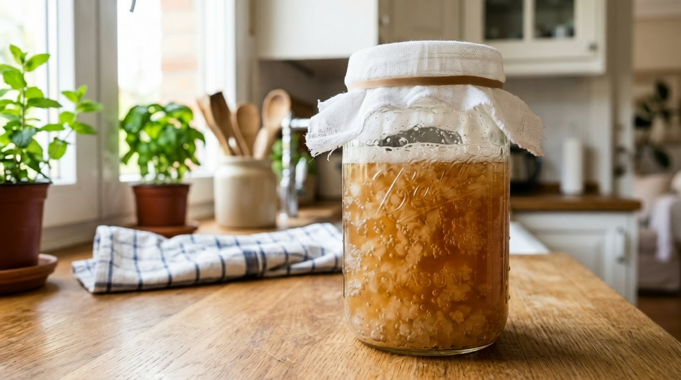 Granos de kéfir de agua fermentando en tarro de vidrio con gasa