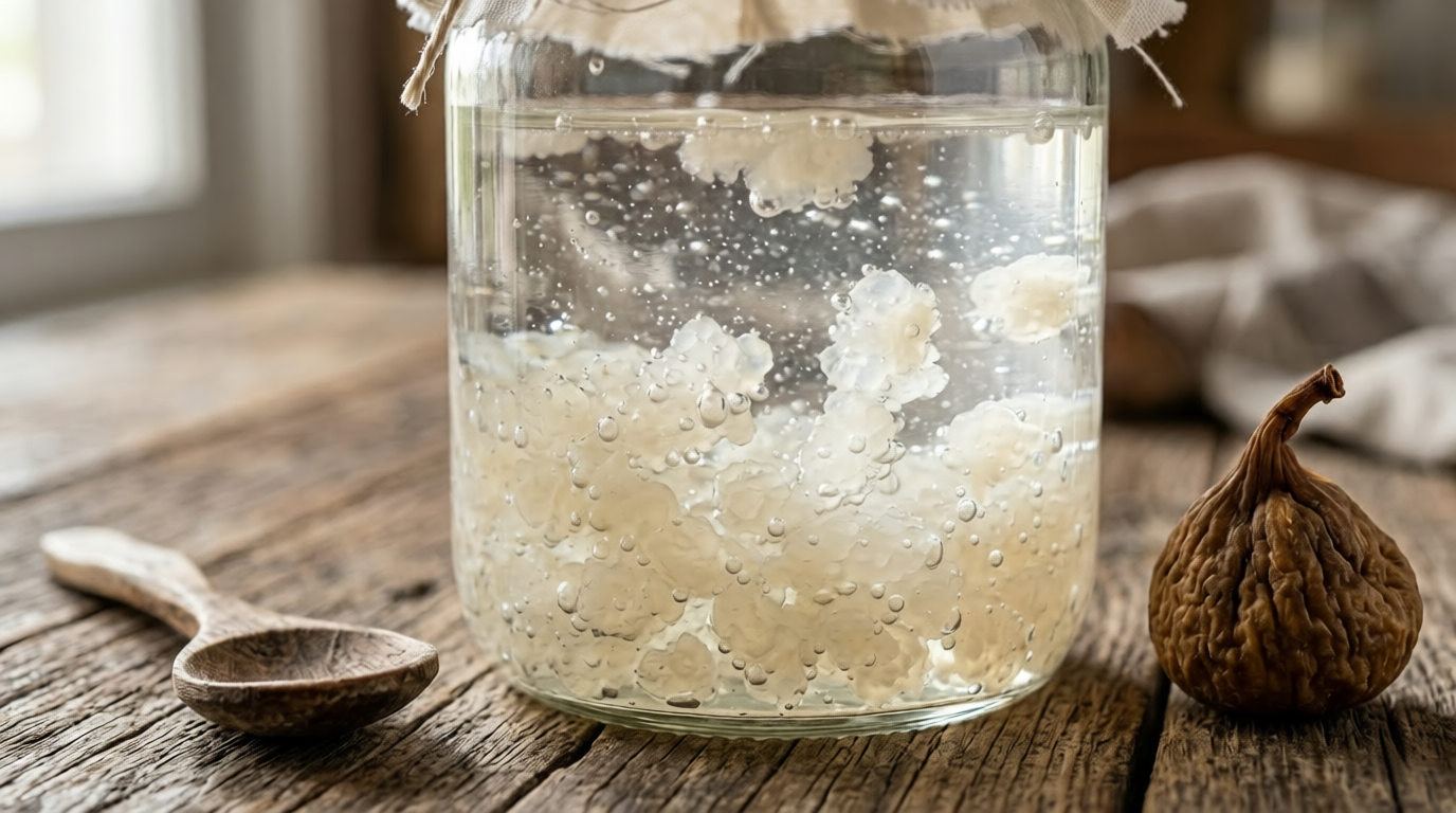 Cómo hacer kéfir de agua paso a paso: tarro de vidrio con granos tibicos