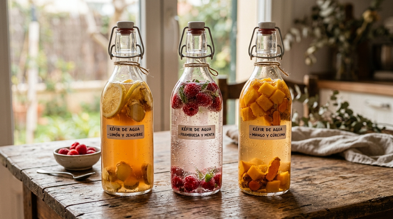 Botellas de vidrio con kéfir de agua en segunda fermentación con frutas