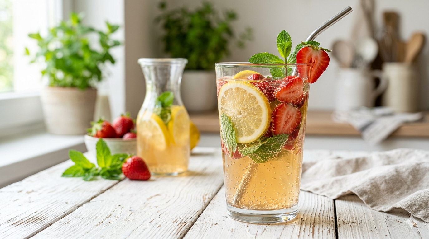 Kéfir de agua en vaso con frutas y burbujas