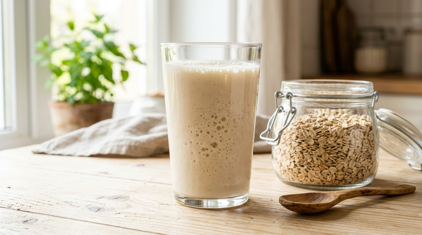 Kéfir de avena en vaso con pajita y copos de avena alrededor