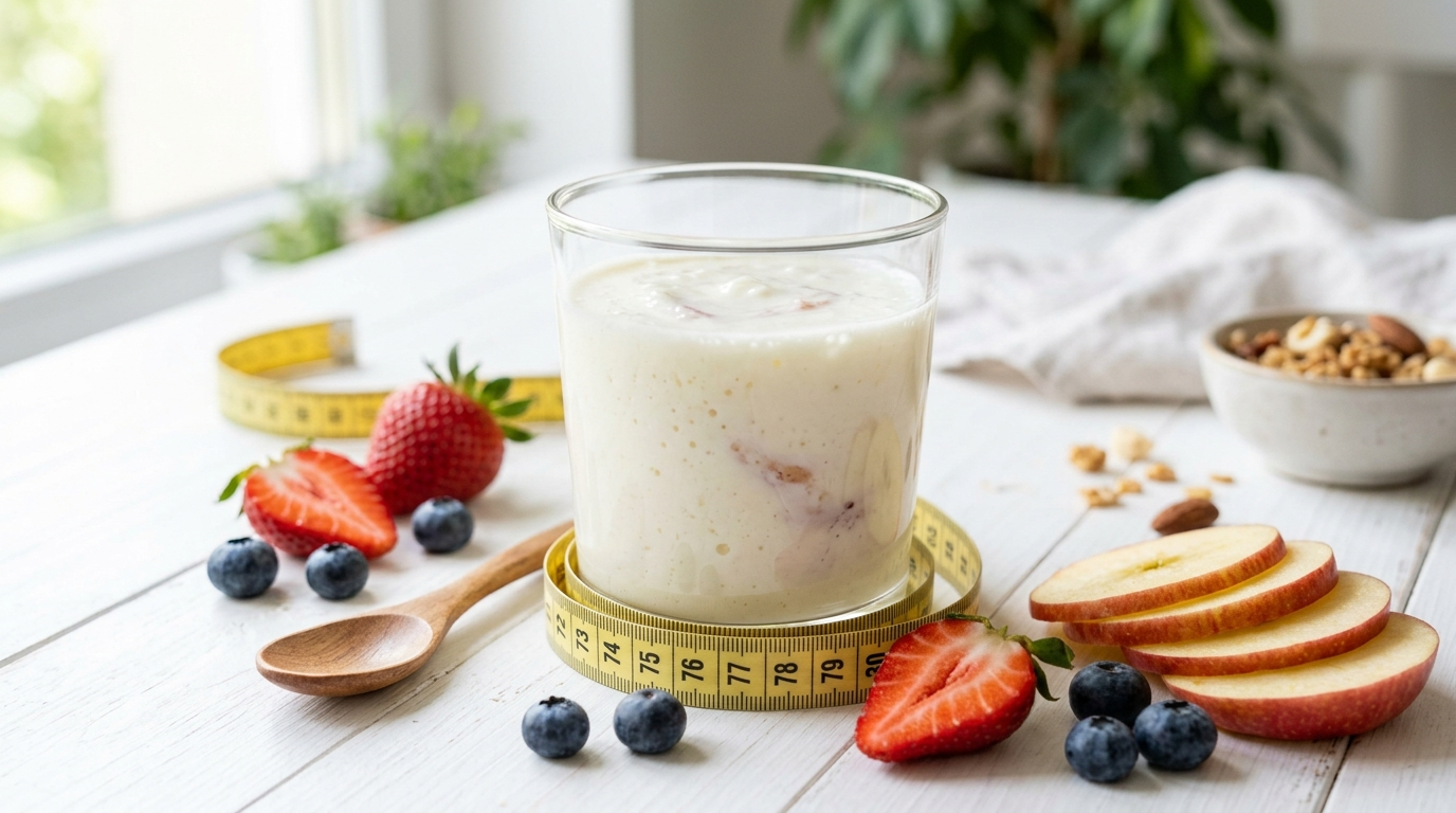 Vaso de kéfir con cinta métrica y frutas saludables
