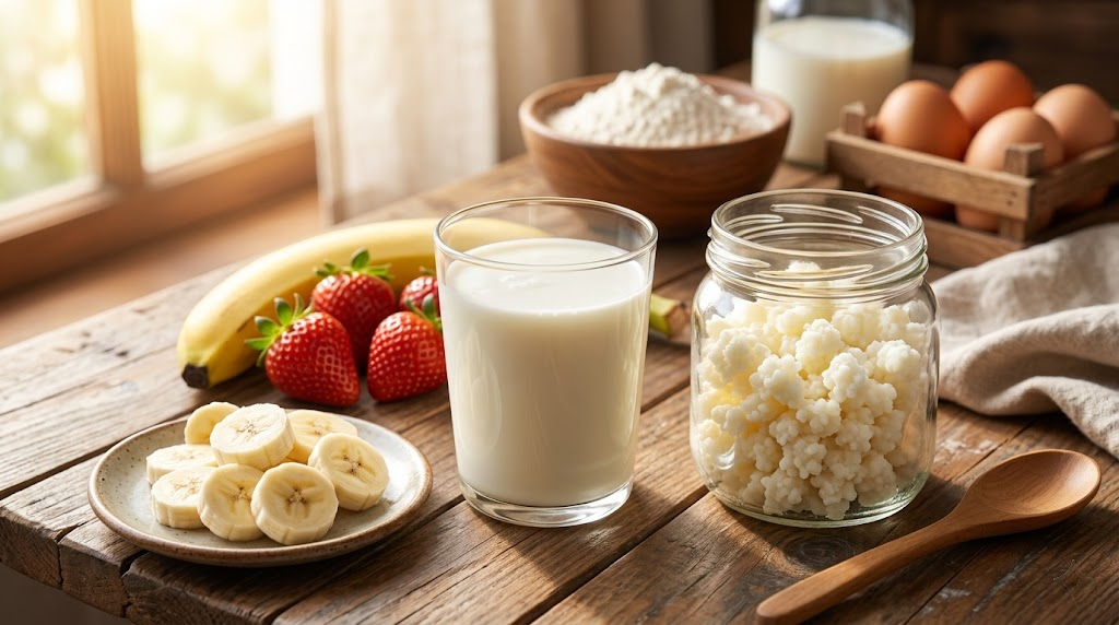 Recetas con kéfir: vaso de kéfir con frutas y utensilios de cocina