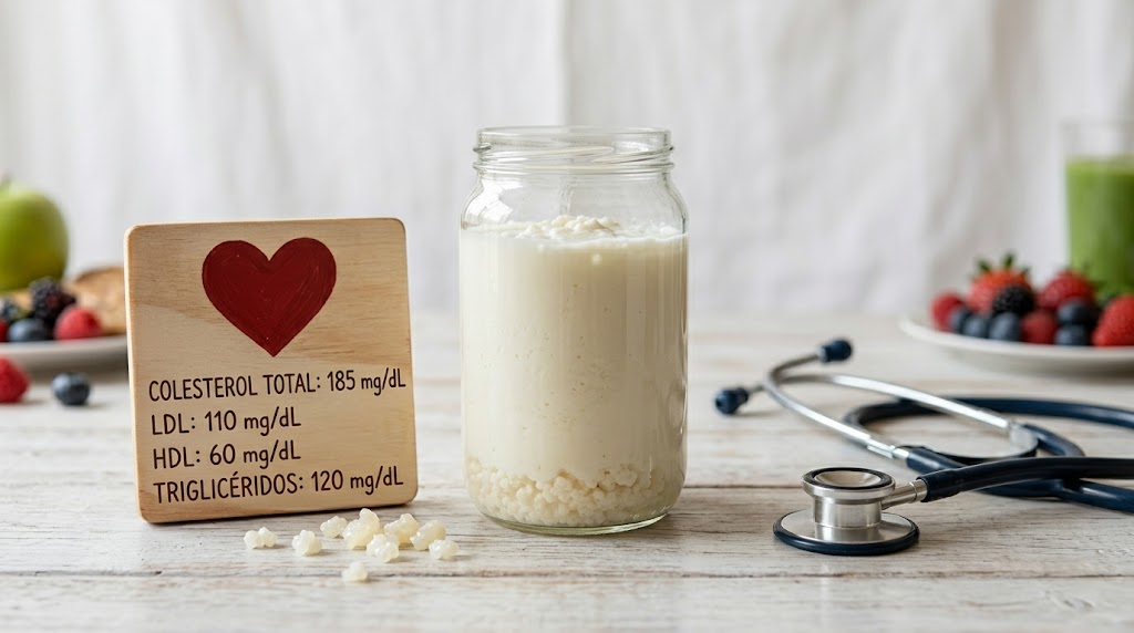 Kéfir para el colesterol: vaso de kéfir con corazón y números de colesterol