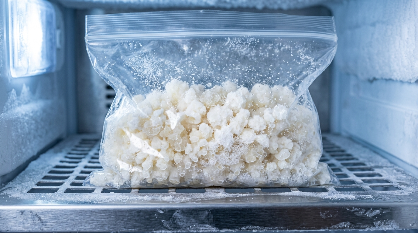 Congelar nódulos de kéfir: bolsa hermética con granos congelados