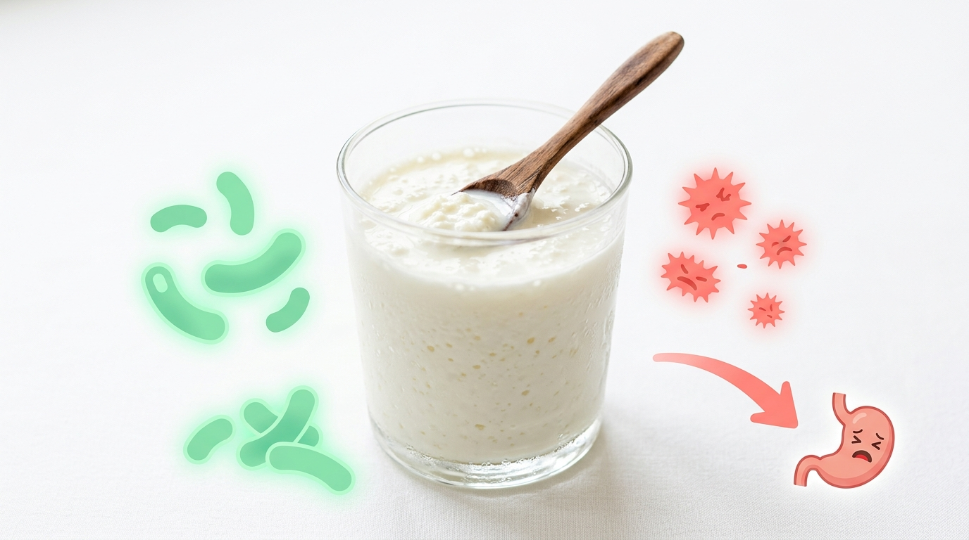 Vaso de kéfir y texto sobre salud digestiva y diarrea