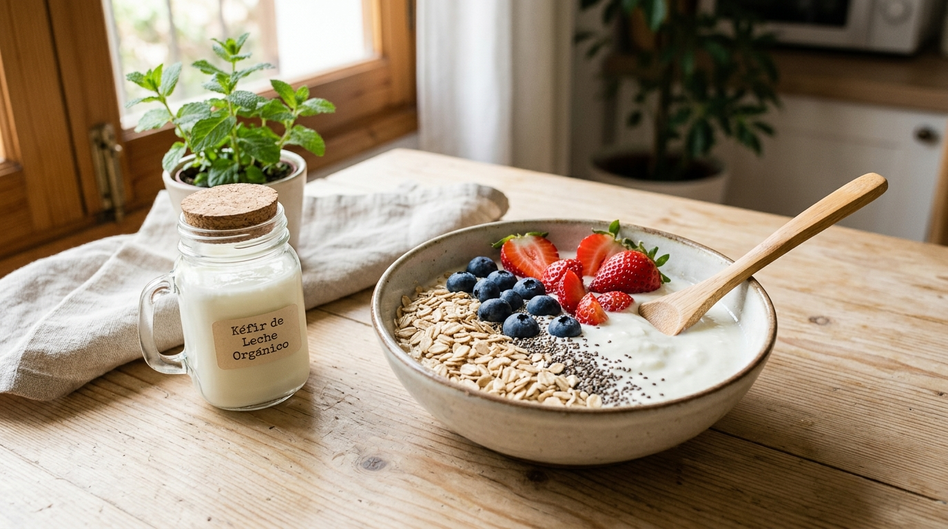 Kéfir en dieta saludable con frutas y avena