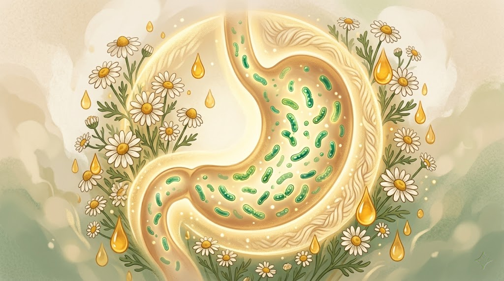 Ilustración de estómago con kéfir y bacterias beneficiosas