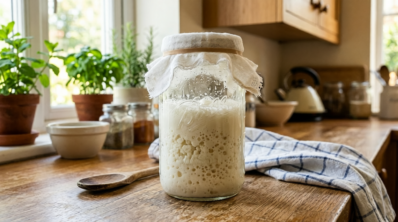 Proceso de fermentación del kéfir en tarro de vidrio