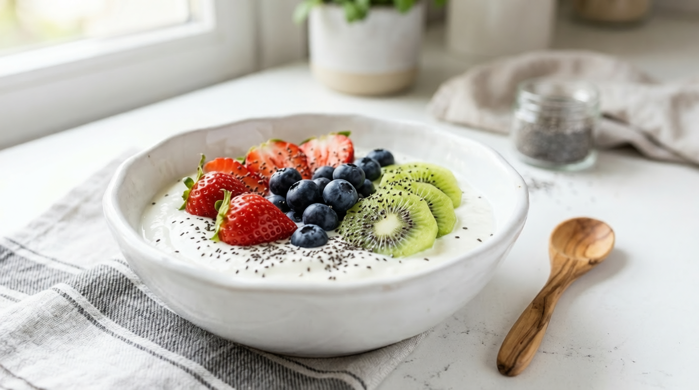 Kéfir con frutas frescas: fresas, arándanos y plátano