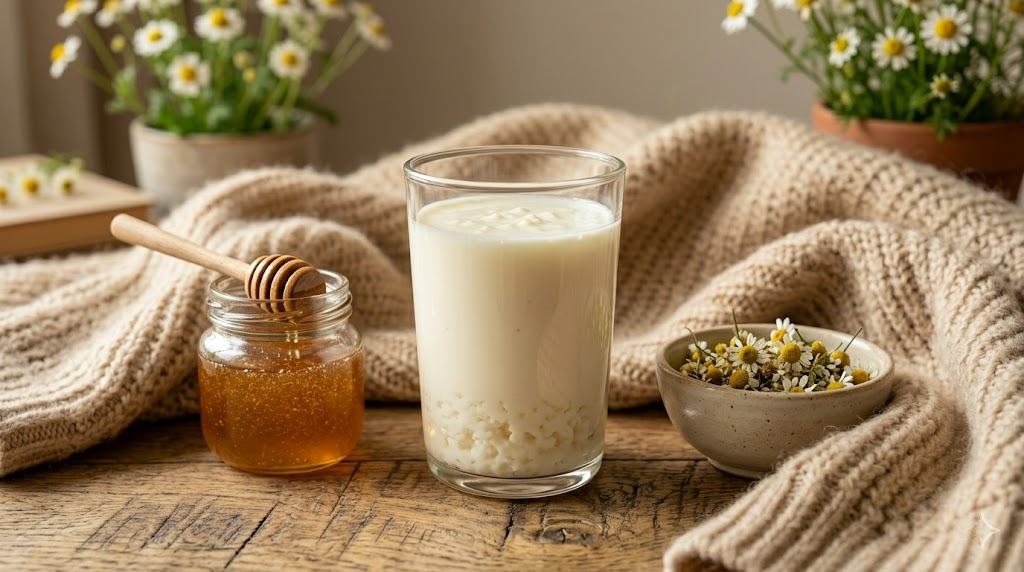 Kéfir para la gastritis: vaso de kéfir junto a manzanilla y miel