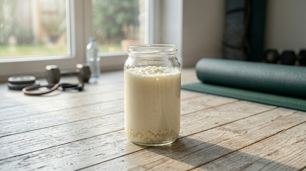 Cómo hacer kéfir de leche casero: tarro de vidrio con nódulos y leche