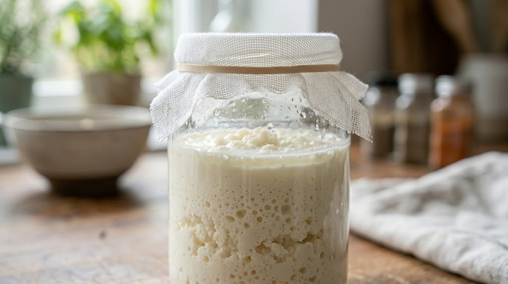 Tarro de kéfir de leche fermentando con gasa