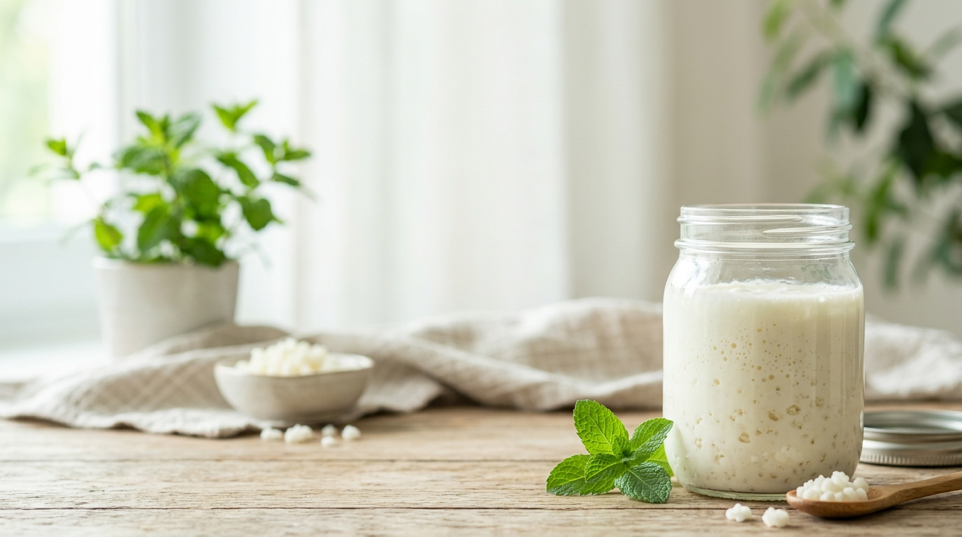 Kéfir de leche en vaso con nódulos visibles