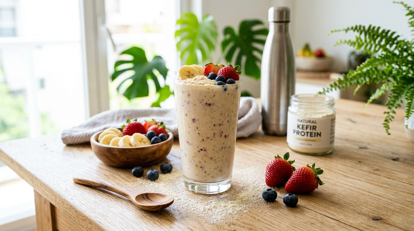 Kéfir con proteínas: batido en vaso con frutas y proteína en polvo