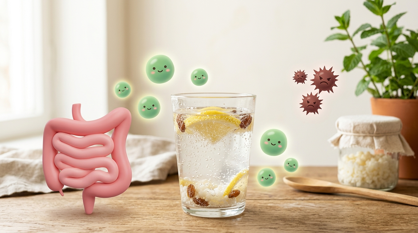 Kéfir y SIBO: vaso de kéfir con iconos de intestino y bacterias