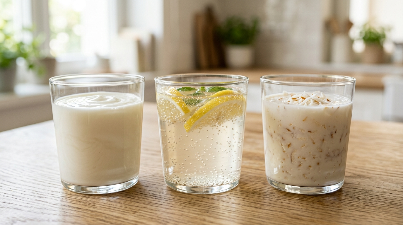 Kéfir sin lactosa: vasos de kéfir de agua, leche sin lactosa y bebida vegetal