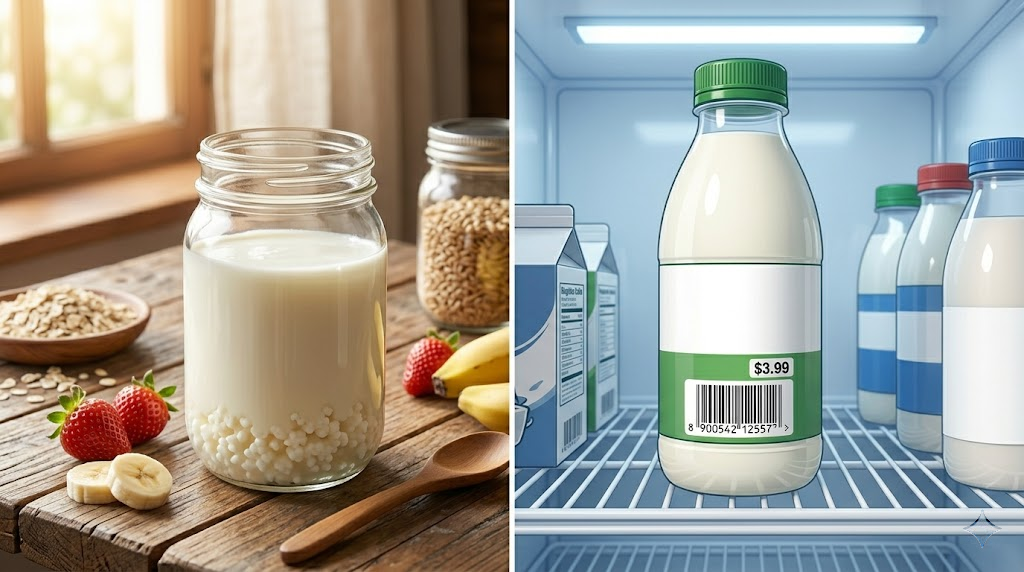 Comparativa entre kéfir tradicional casero en tarro de vidrio y kéfir industrial en botella de supermercado