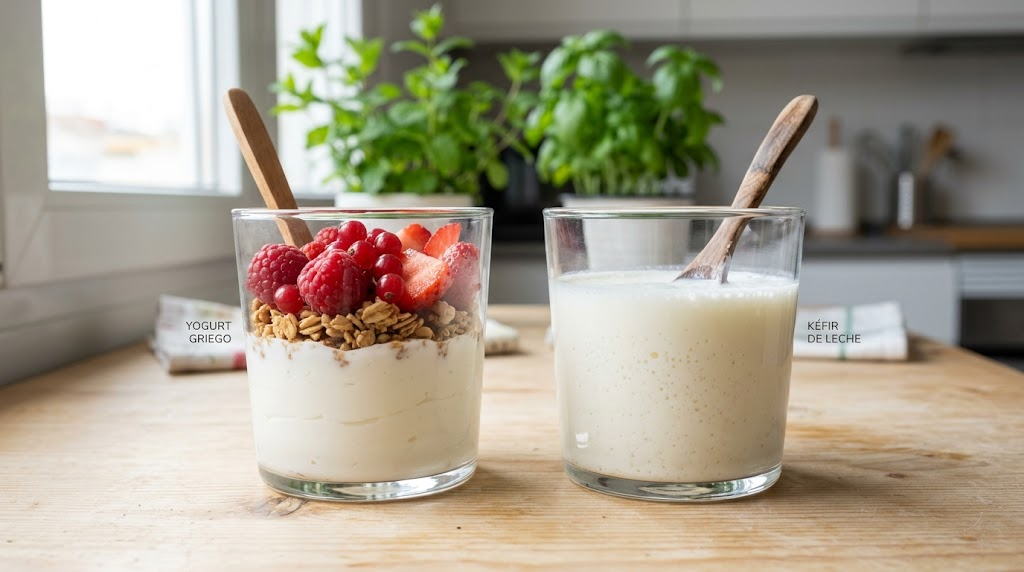 Comparativa entre kéfir y yogur: dos vasos con cucharas