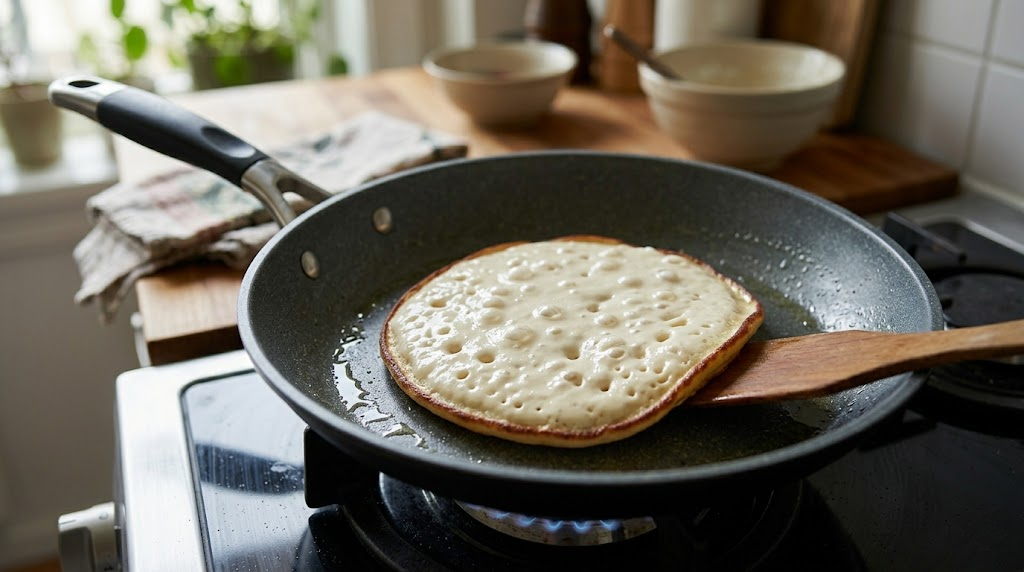 Cocinando panqueques de kéfir en sartén