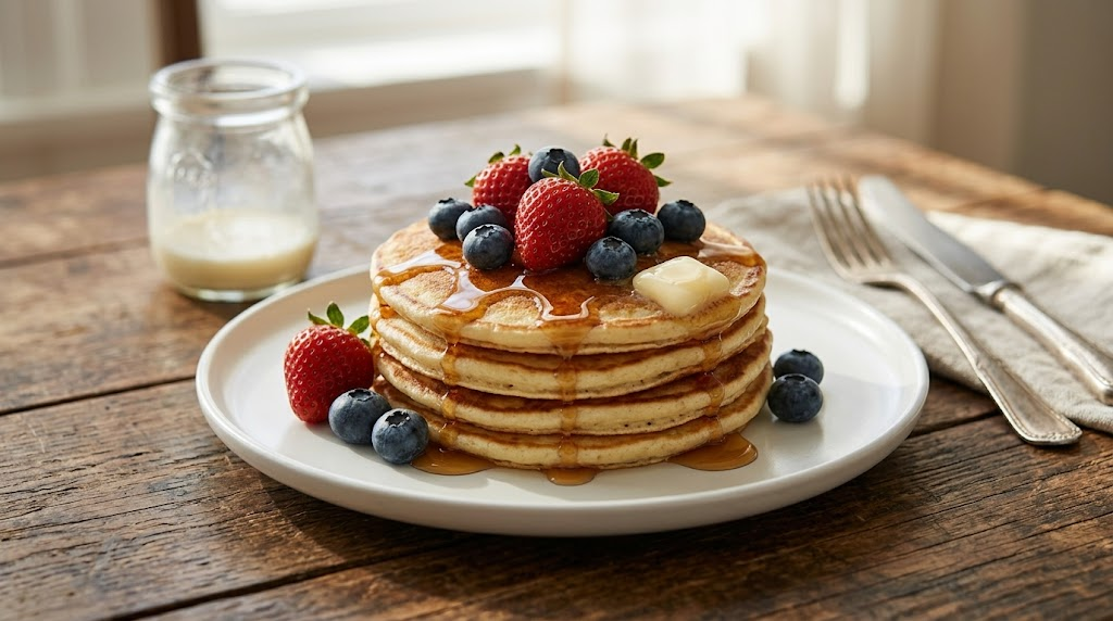 Panqueques de kéfir esponjosos con frutas y sirope