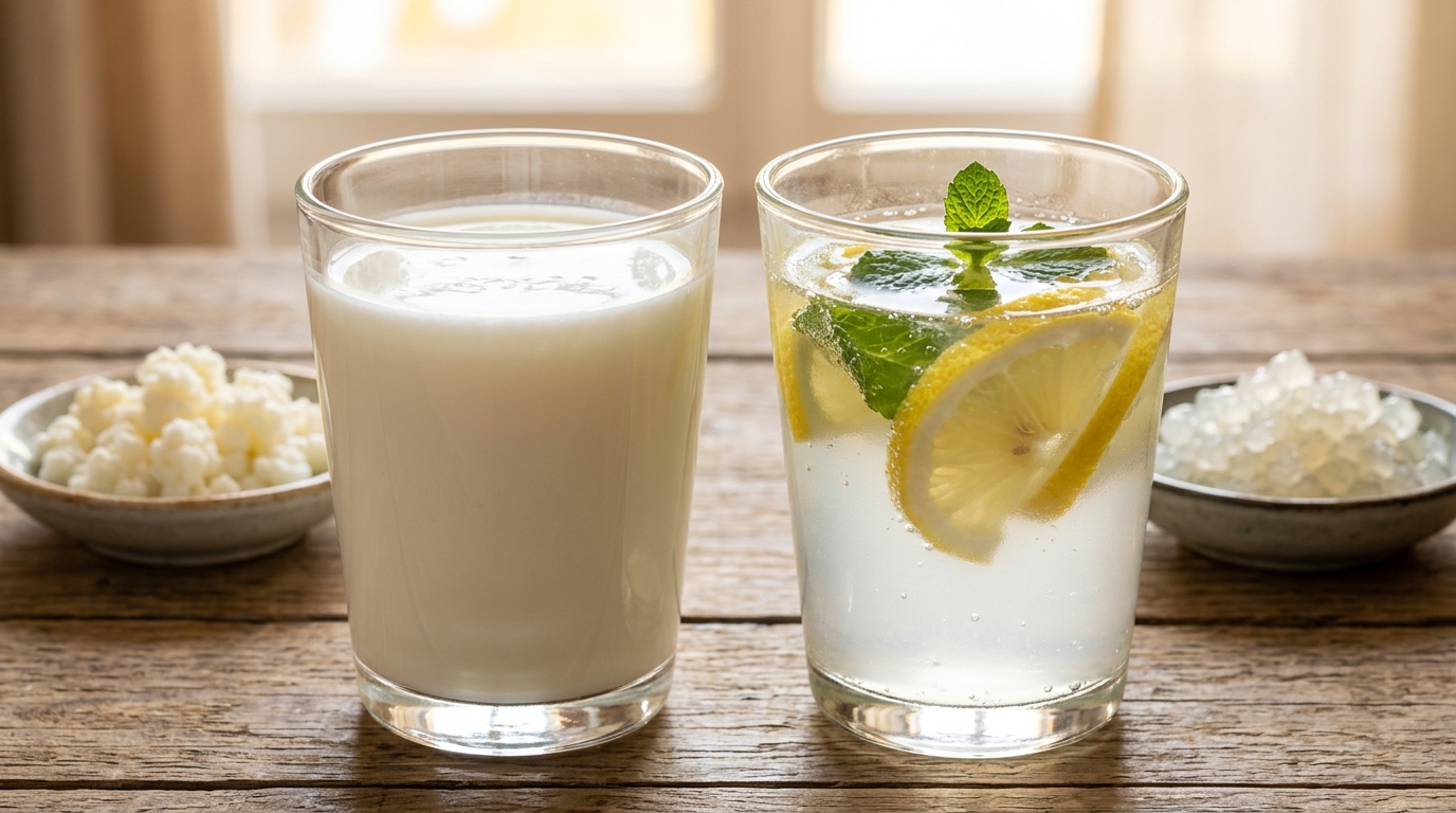 Qué es el kéfir: vaso de kéfir de leche y otro de kéfir de agua con frutas