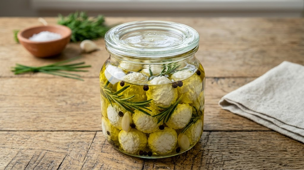 Bolas de queso de kéfir en aceite de oliva con hierbas