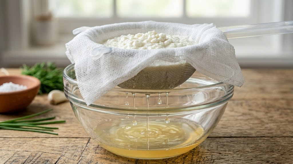 Filtrado del kéfir con gasa para hacer queso
