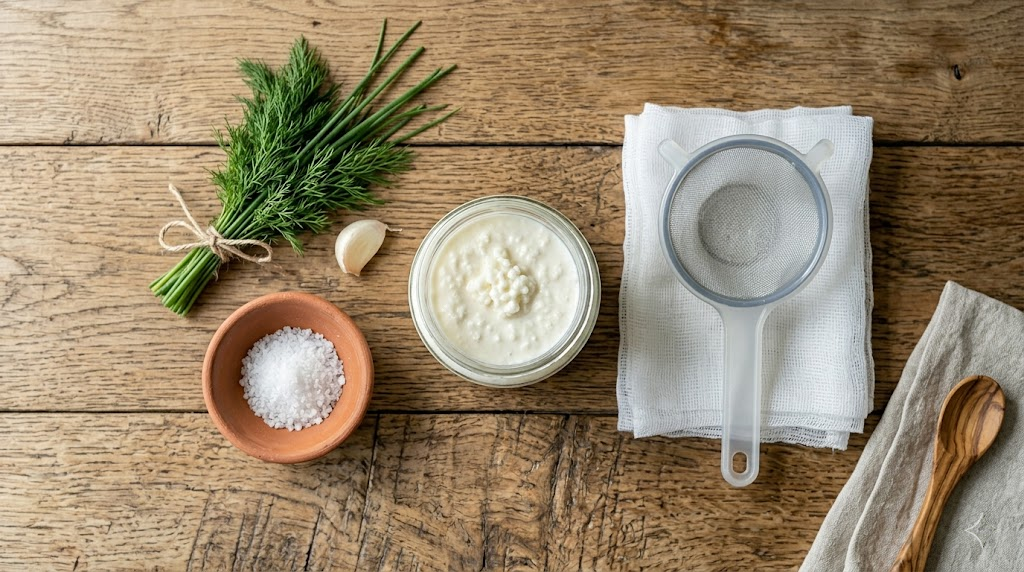 Ingredientes para hacer queso de kéfir: kéfir, sal, hierbas y colador