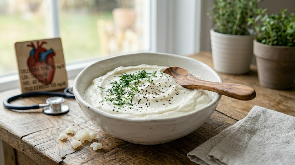 Queso de kéfir casero en un bol blanco con hierbas y cuchara de madera