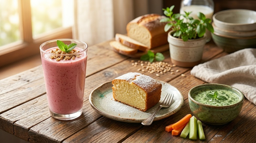 Batido de kéfir con frutas, bizcocho y salsa de kéfir